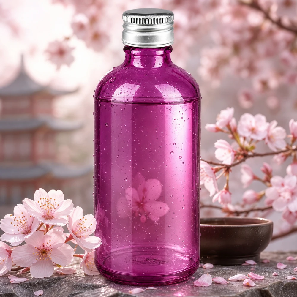 Lahvička o objemu 100 ml. Hliníkovo-stříbrný šroubovací uzávěr o průměru 11 mm standardní PurpleLine. UT18/100 Professional 100ml Purple Glasflasche mit Standardgewinde für Labor und Aromatherapie-Mischungen