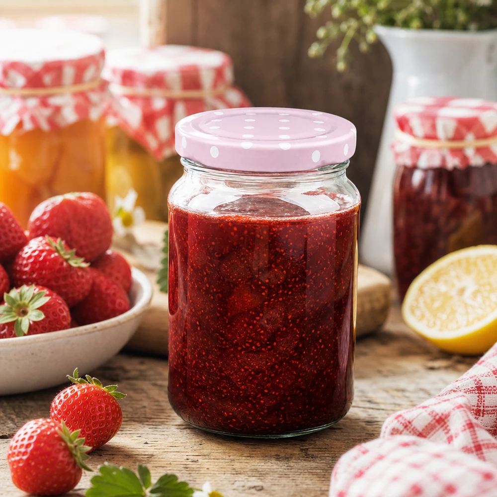 205ml kulatá sklenice + víčko BasicSeal s tečkami růžové UNiTWIST 205ml Rundglas mit rosa BasicSeal Punktedeckel gefüllt mit Erdbeermarmelade zwischen frischen Erdbeeren auf Holztisch