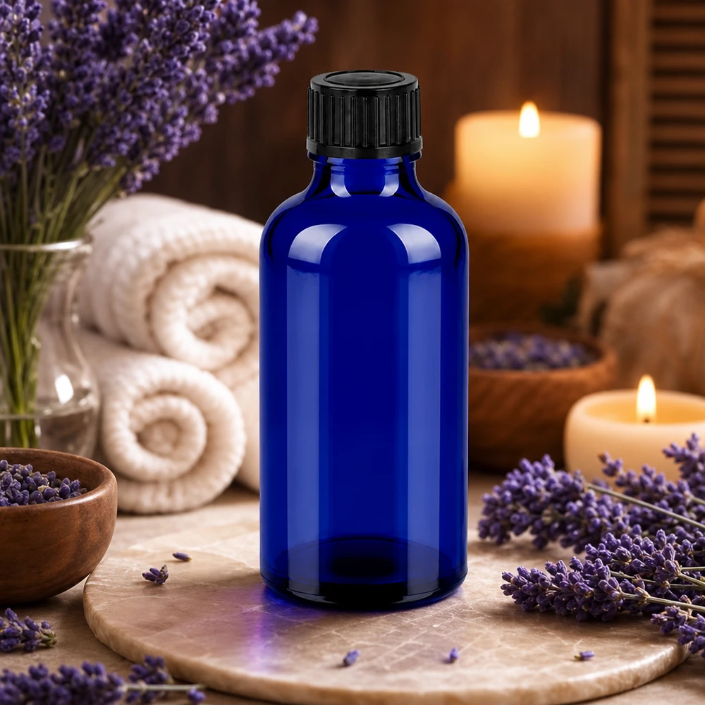 50ml Violettglas-Optik Flasche mit schwarzem OV-Verschluss zum Schutz vor UV-Strahlung