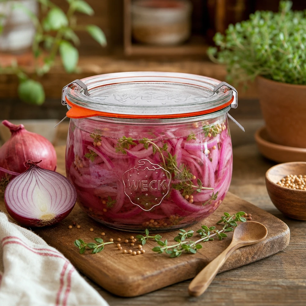 580ml tulipánová sklenice kompletní WECK RR100 WECK Tulpenglas 580ml RR100 gefüllt mit eingelegten roten Zwiebeln, dekorativ arrangiert mit Kräutern auf Holzbrett