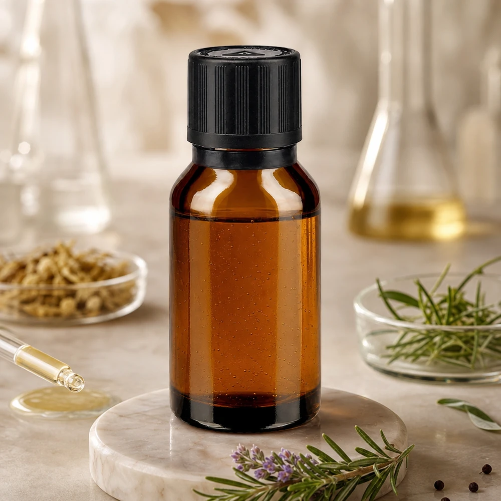 Lékárenská lahvička hnědá 15ml kapací uzávěr Nalévací kroužek 1mm černý Dětská pojistka Výstražný symbol pro nevidomé Uzávěr s ochranou proti ma 15ml Tropfflasche aus bernsteinfarbenem Glas mit 1mm Öffnung auf weißem Marmorstein