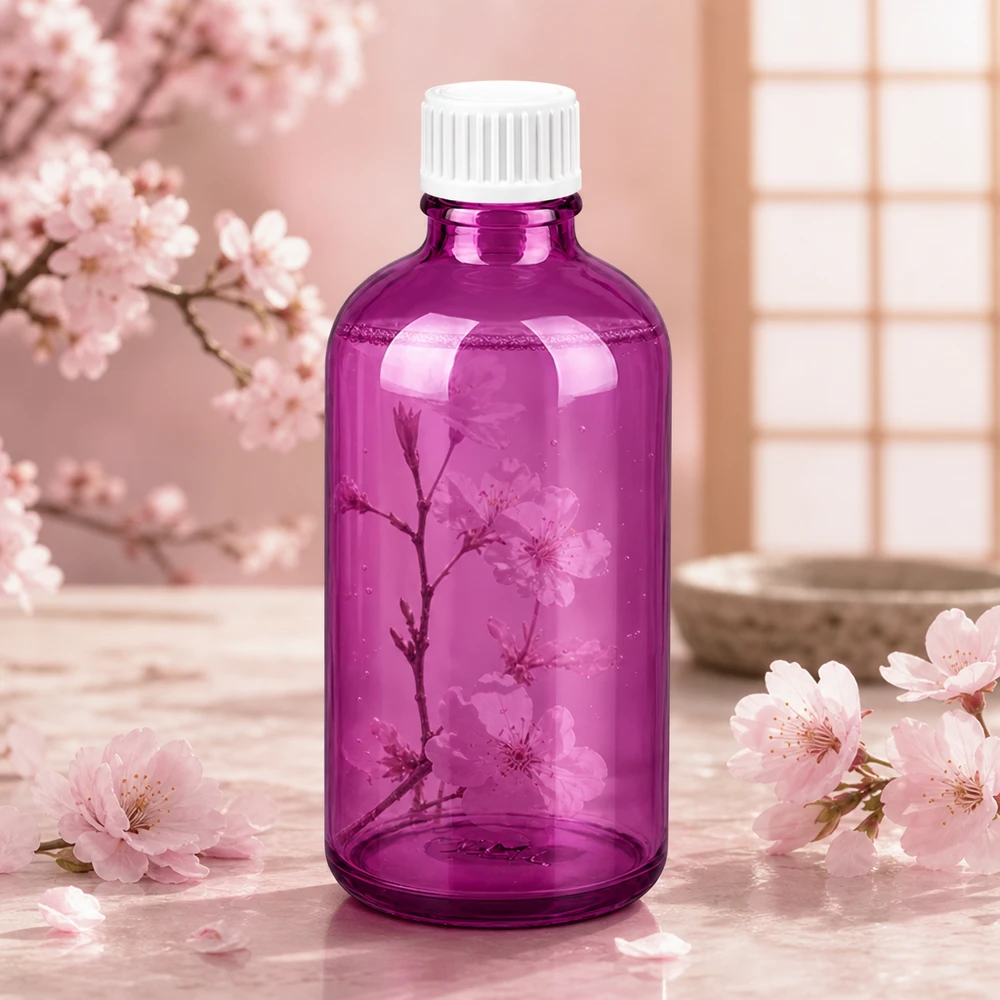 100ml (globulová) lahvička s 3mm nalévacím kroužkem bílá Standard PurpleLine. UT18/100 Dekorative 100ml Glasflasche in Purple für stilvolle Präsentation hochwertiger Produkte