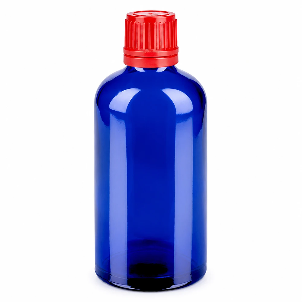 Vielseitige 100ml Glasflasche blau für Tropfen Tinkturen mit rotem Schraubdeckel