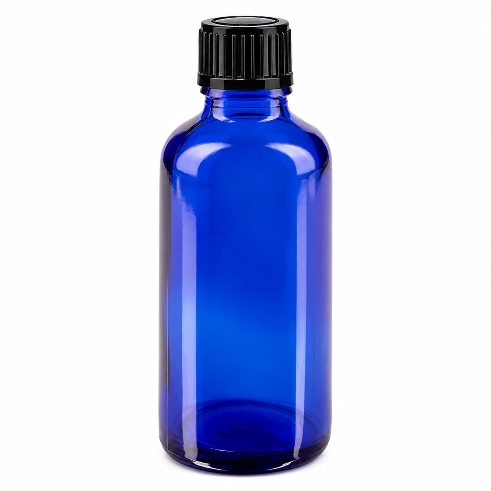 Lékárenská láhev modrá 50ml šroubovací uzávěr černý standard. Kleine blaue Medizinflasche 50ml Glas mit kindersicherem schwarzen Verschluss