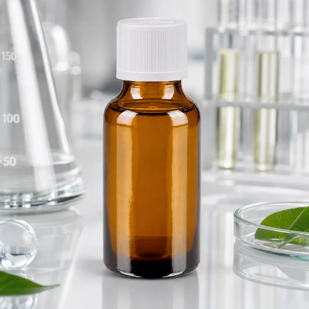 Lékárenská láhev hnědá 20ml šroubovací uzávěr bílý standard odolný proti otevření dětmi. Apothekerflasche 20ml braun UV-Schutz Glas mit kindersicherem weißen Drehverschluss 11mm