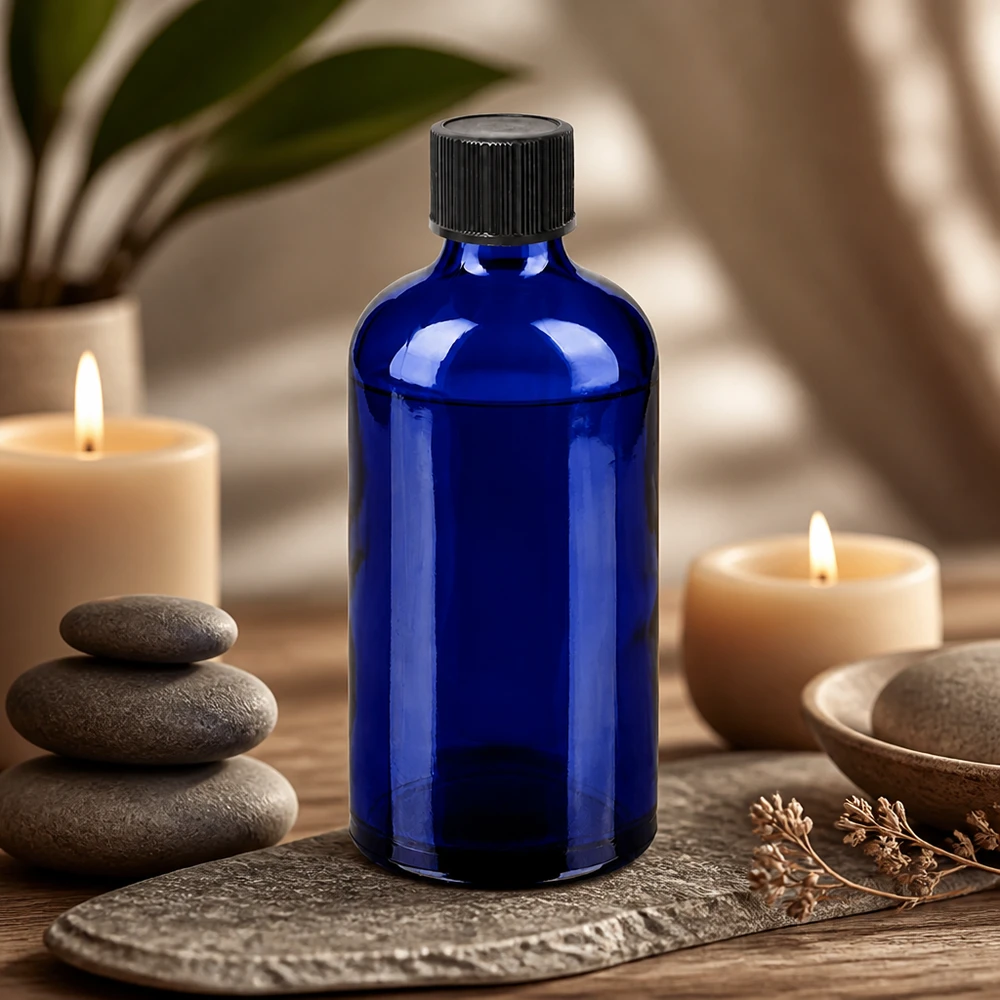 100ml lahvička s kapátkem 1mm černá standardní uzávěr BlueLine UT18/100 Robuste blaue Glasflasche 100ml mit schwarzem Tropfverschluss für langfristige Aufbewahrung