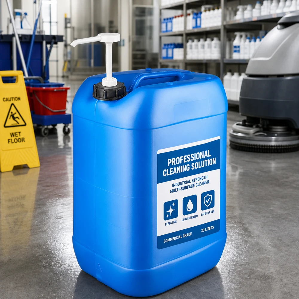 Kanystr 25 litrů modrý s dávkovacím čerpadlem Robuster blauer Flüssigkeitskanister 25 Liter mit Dosierpumpe neben Warnschild Nasser Boden