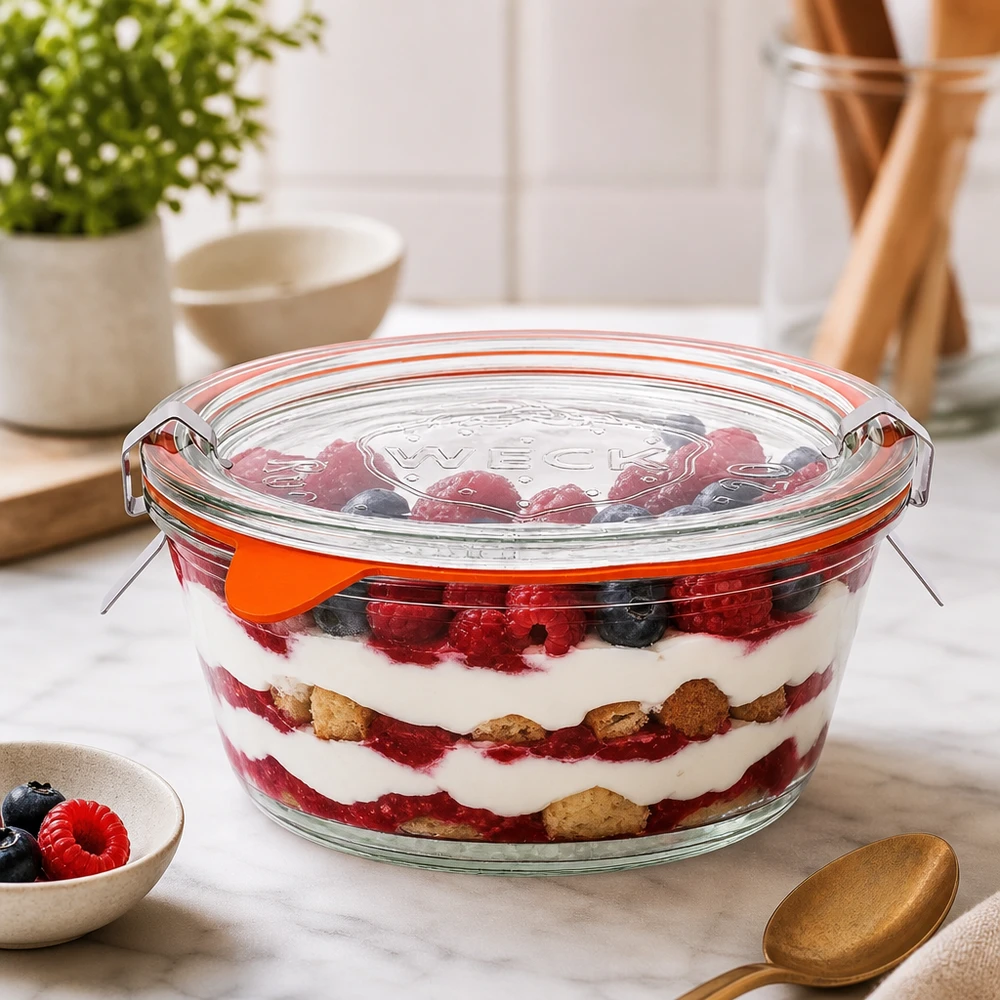 WECK Gourmetglas 300ml RR120 mit geschichtetem Beerendessert gefüllt, Trifle im Glascontainer mit Deckel