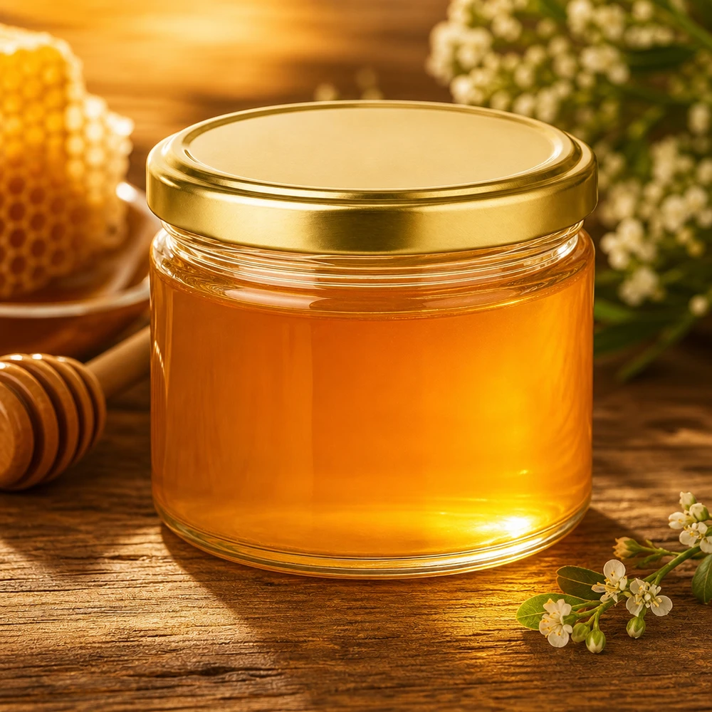 540ml kulatá sklenice s víčkem BasicSeal zlatá UNiTWIST 540ml Rundglas mit goldenem BasicSeal Deckel gefüllt mit Honig auf Holztisch mit Bienenwabe und Blüten Deko