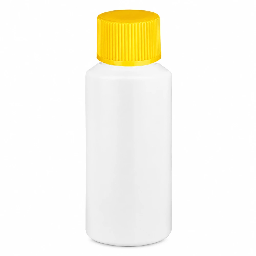 Lékárnická lahvička z HDPE, 30 ml, bílá, se žlutým šroubovacím uzávěrem z vysoce kvalitního plastu