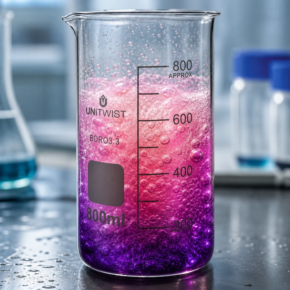 Kádinka 800 ml borosilikátová, vysoká forma UNiTWIST UNITWIST Borosilikat Becherglas 800ml hohe Form mit sprudelnder Flüssigkeit Farbverlauf lila pink