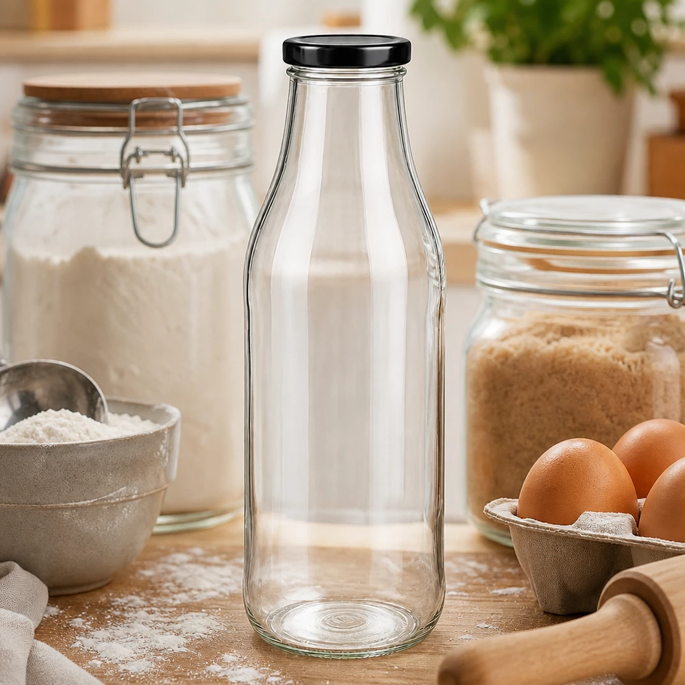 1000ml Glasflasche leer auf Holztisch zwischen Backzutaten Eiern und Mehl als Küchenausstattung