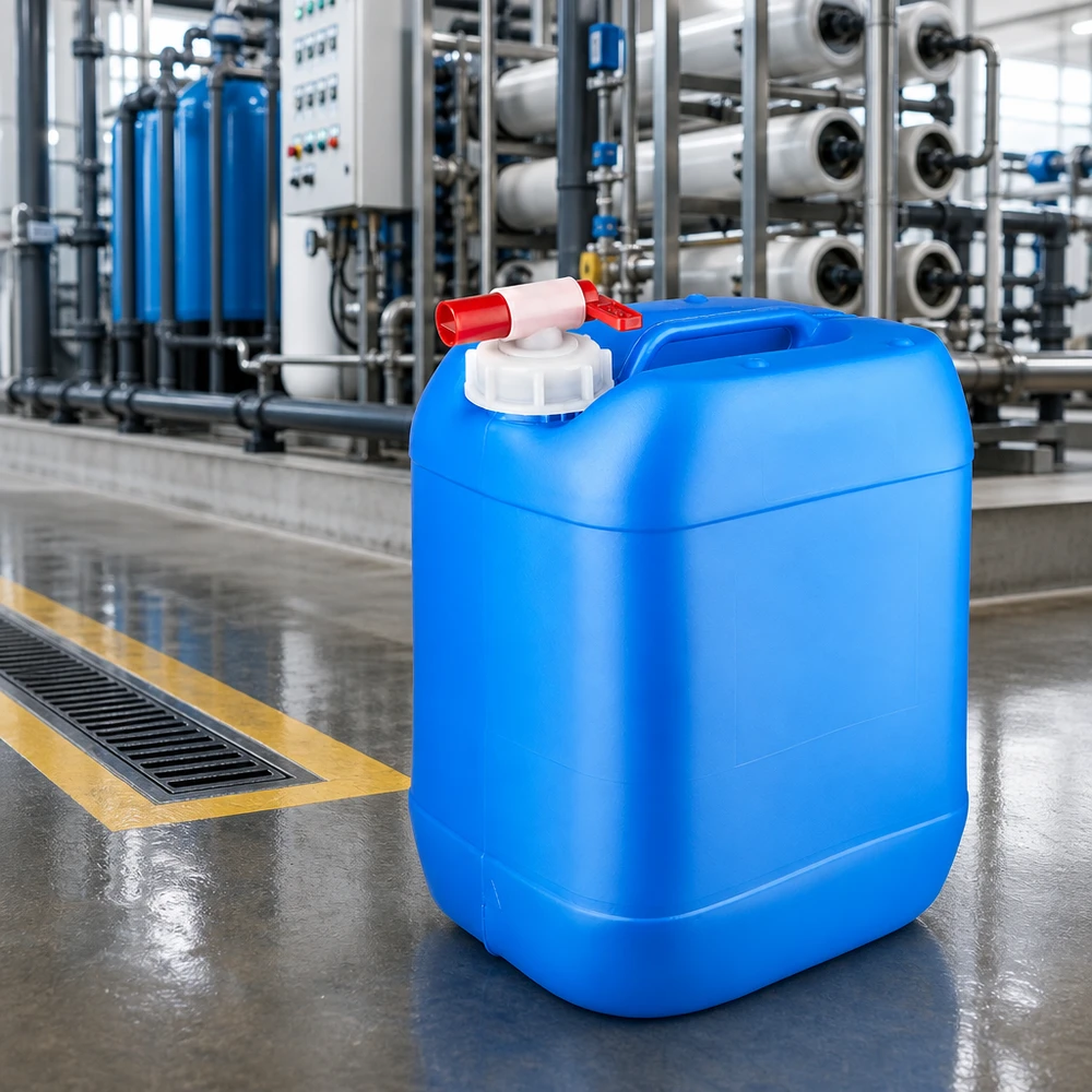 Kanystr 20 litrů modrý s vypouštěcím kohoutem Kanister 20 Liter Blau mit weißem Schraubdeckel und rotem Hahn auf Industrieboden