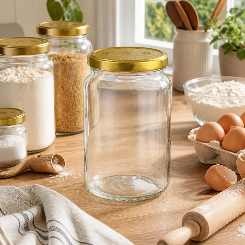 795ml kulatá sklenice + víčko BasicSeal honeycomb UNiTWIST. Leeres 795ml Rundglas mit goldenem Bienenwaben-Deckel in Küchenszene mit Eiern und Backzutaten