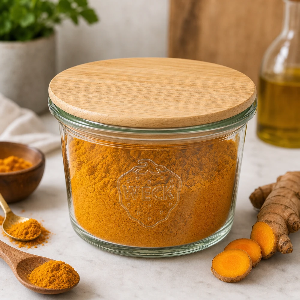 WECK Mini Sturzglas 35ml mit Holzdeckel gefüllt mit Kurkumapulver in Küche neben frischen Kurkumawurzeln und Gewürzen