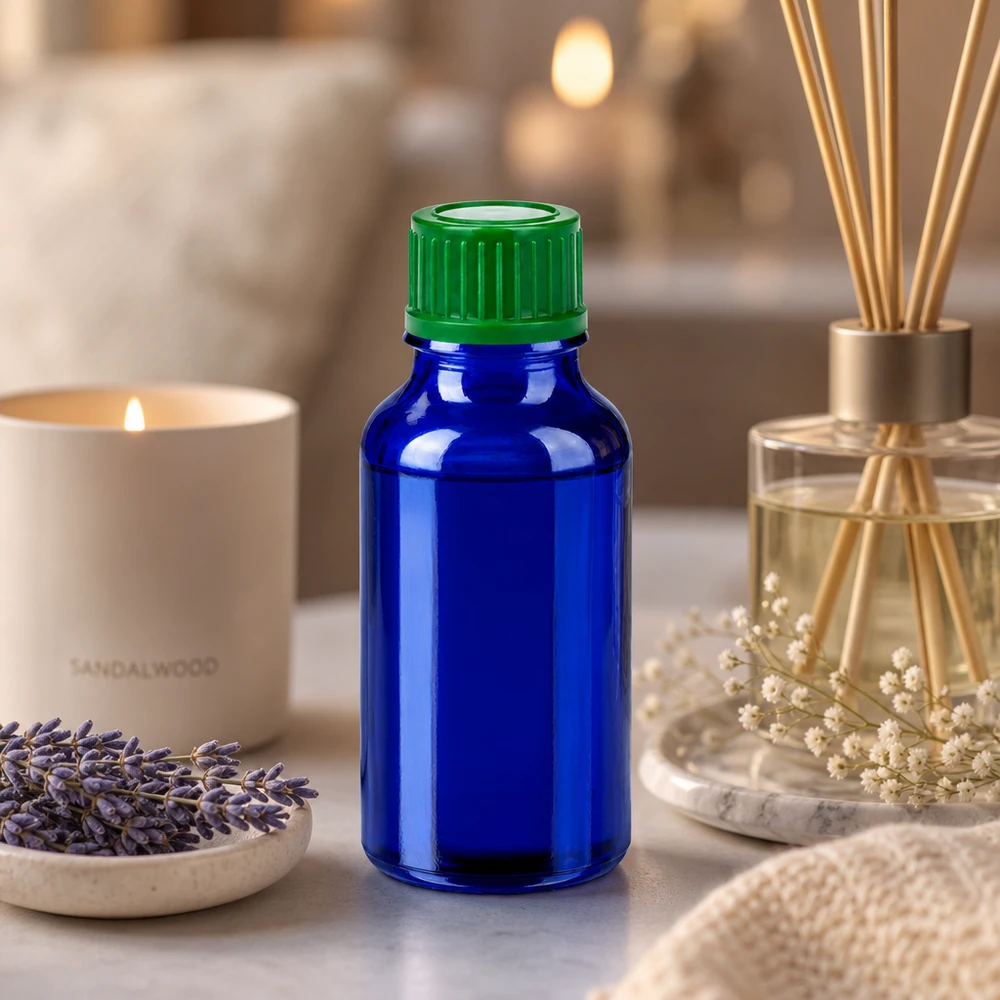 Elegante kleine Glasflasche 20ml für Wellness und Spa-Anwendungen grüner Verschluss BlueLine