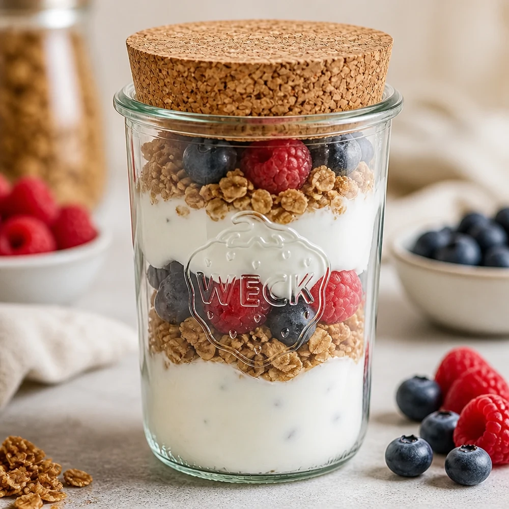 WECK Sturzglas 850ml RR100 mit Korken als Joghurt Parfait Glas mit Beeren Granola und Naturjoghurt Schichtdessert