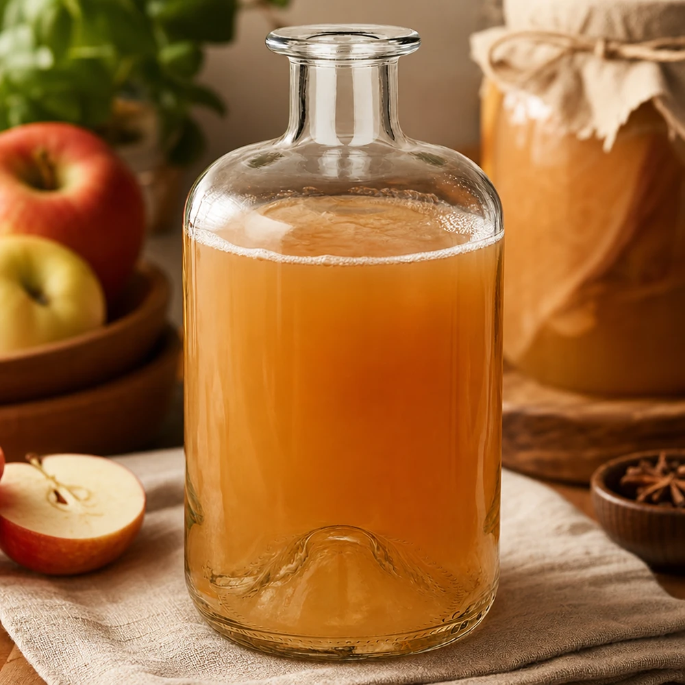 Apothekerflasche Luna 500ml mit Apfelsaft gefüllt neben frischen Äpfeln und Gewürzen als natürliche Küchendeko