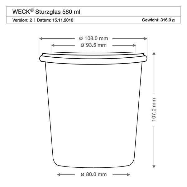 Sada 36 sklenic Weck 580ml tumblers se skleněným víčkem. Technische Zeichnung WECK Sturzglas 580ml RR100 mit Maßangaben Durchmesser 108mm Höhe 107mm Gewicht 316g