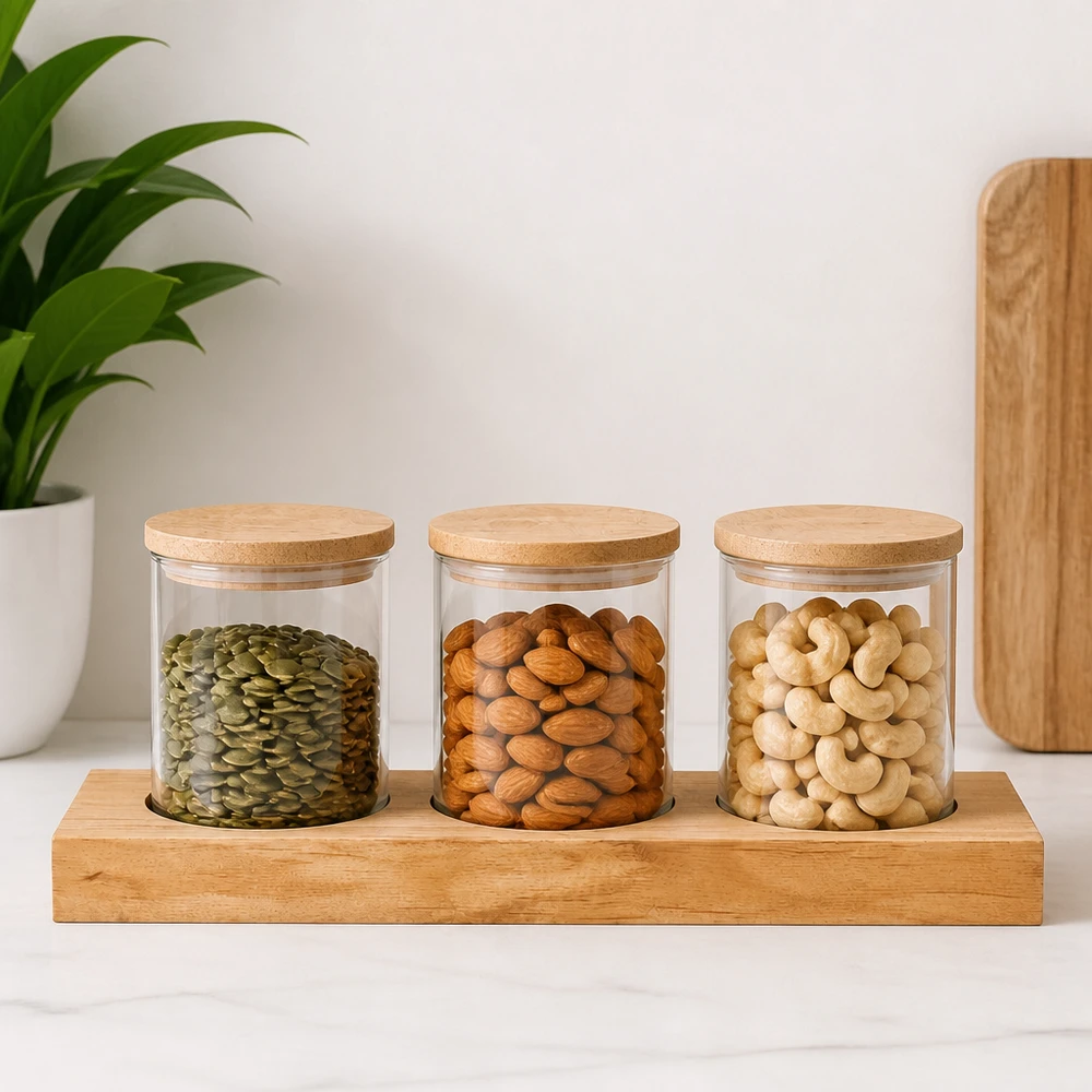 Servírovací prkénko Plano3 pro 3 tumblery WECK Servierbrett Plano3 mit WECK Gläsern voller Nüsse und Samen - Pumpkinkerne, Mandeln, Cashews in modernem Ambiente