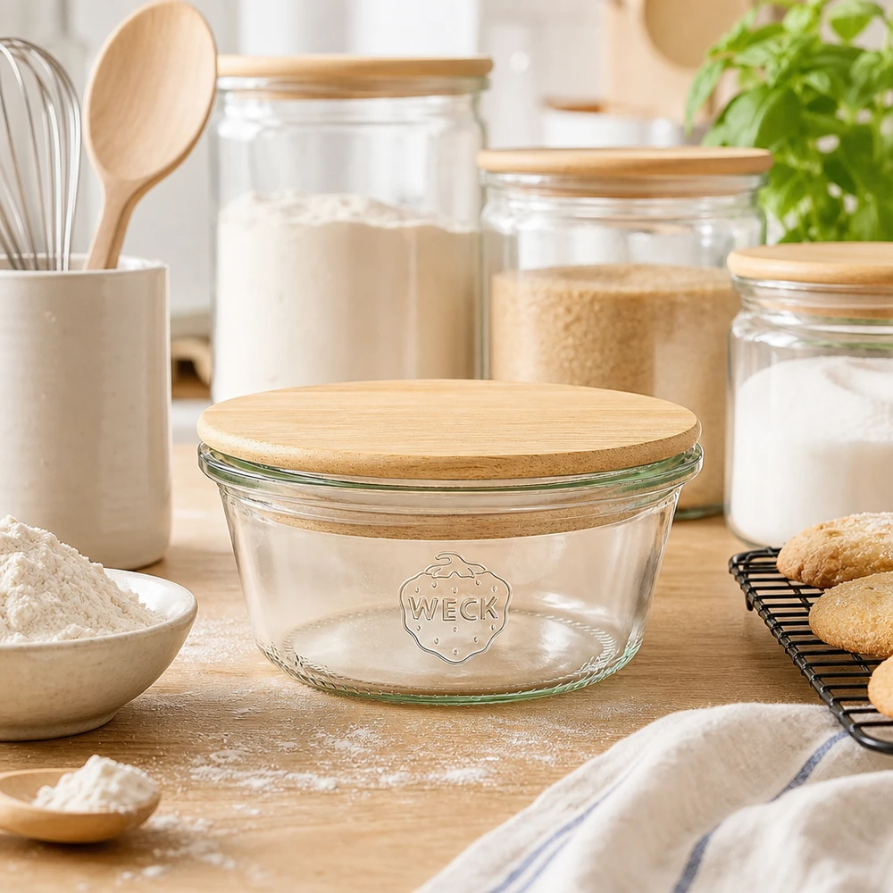 290ml nízké tumblerky WECK RR100 s dřevěným víčkem WECK Sturzglas 290ml RR100 mit Bambus-Holzdeckel in Bäckerei-Küche mit Mehl, Keksen und Vorratsorganisation