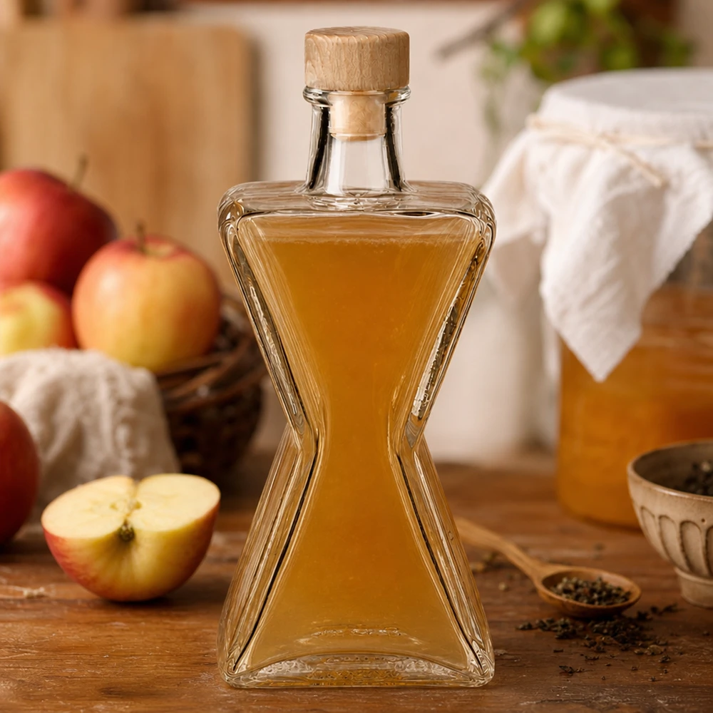 200ml Glasflasche "Star" mit Holzgriff-Korken UNiTWIST 200ml Glasflasche Star mit Apfellikör befüllt - Holzkorken UNiTWIST präsentiert mit frischen Äpfeln in Küchenszenerie