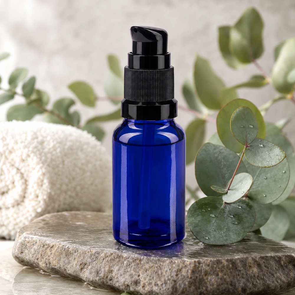 Lékárenská lahvička modrá 10ml s pumpičkovým uzávěrem černá standardní Hochwertige blaue Miniaturflasche 10ml mit Pumpe aus UV-Schutzglas in Blau