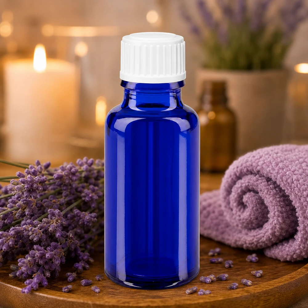 Blaue Glasflasche 20ml GR STD für ätherische Öle in entspannender Spa-Atmosphäre