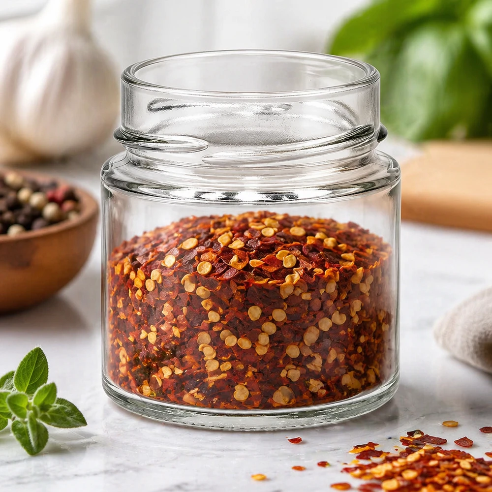 Kulatá sklenice o objemu 135 ml bez víčka (TO58deep) UNiTWIST UNiTWIST Runda135 Rundglas 135ml mit Chili-Gewürzmischung gefüllt TO58deep Deckel Gewürzaufbewahrung Küche
