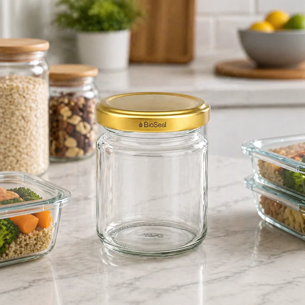 Kulatá dóza o objemu 53 ml se zlatým víčkem UNiTWIST BioSeal. UNiTWIST Runda53 Vorratsglas mit goldenem TO43 BioSeal Deckel auf Marmortheke zwischen Küchenbehältern