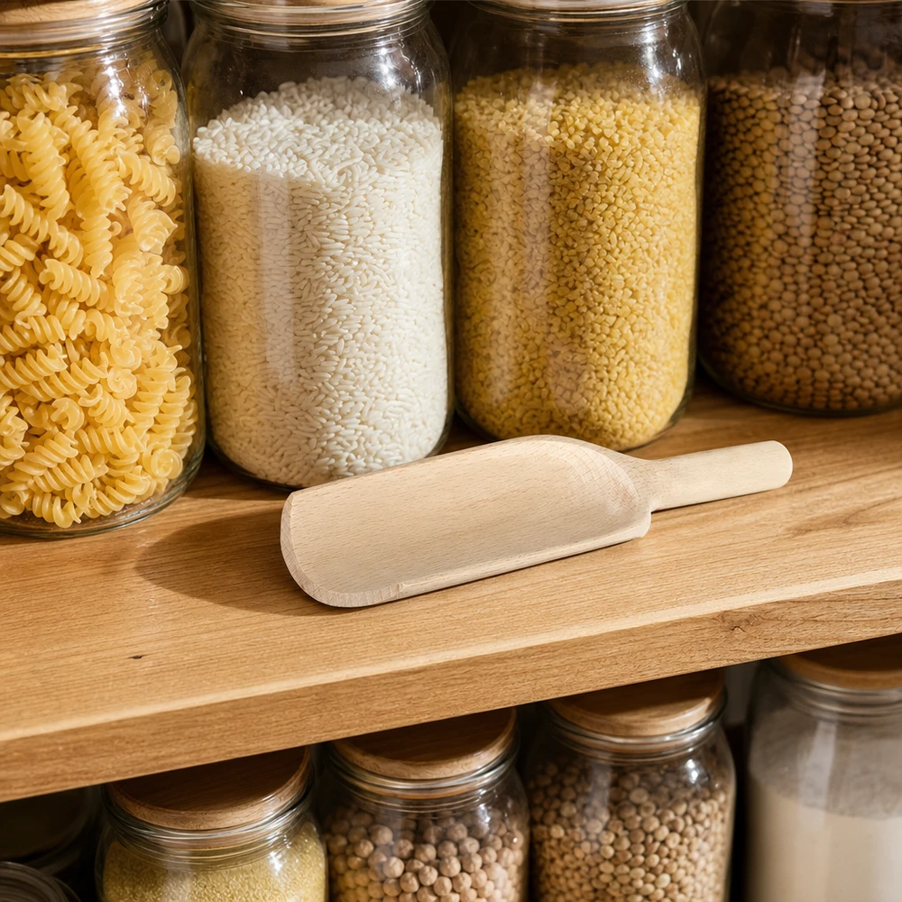 Holzschaufel L 18cm in organisierter Vorratskammer mit Glasdosen voller Pasta Reis Couscous und Hülsenfrüchte