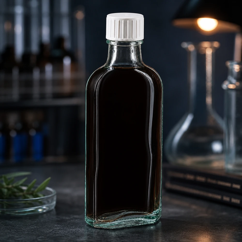 Kompakte 100ml Glasflasche flach oval klar mit Gießring für Pharmazie und Kosmetik
