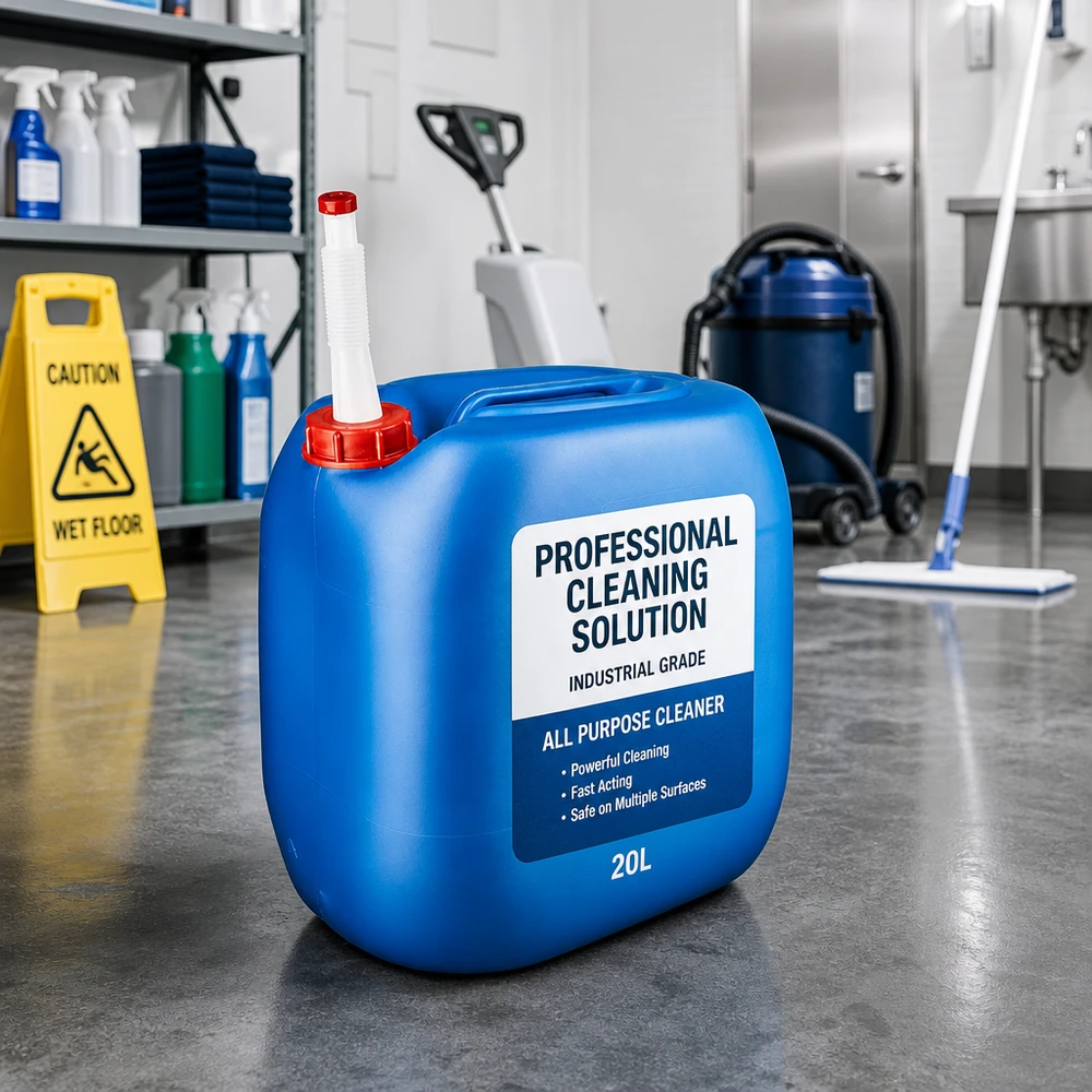 Kanystr 30 litrů modrý s výpustným potrubím Flex Transportkanister 30L in Blau mit weißem Flex-Auslaufrohr in professioneller Reinigungsumgebung