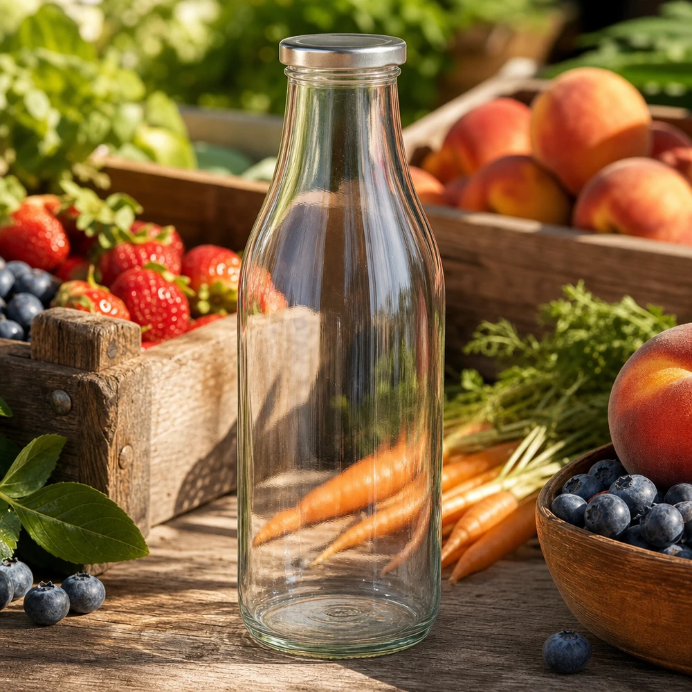 1000ml skleněná láhev + víčko BasicSeal stříbrné UNiTWIST 1000ml Glasflasche BasicSeal silber zwischen frischem Obst und Gemüse auf Holztisch natürliche Marktstand Atmosphäre