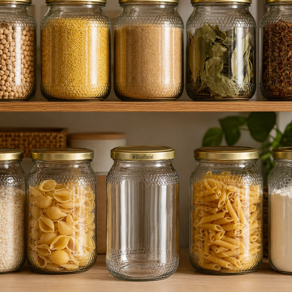 900ml Honigglas mit BioSeal Deckel gold in organisierter Vorratskammer zwischen Nudeln Gewürzen Getreide Pantry