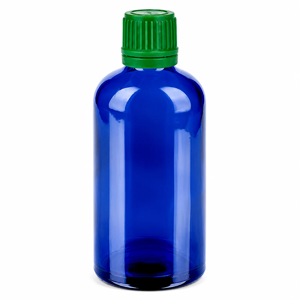 100ml láhev 11mm šroubovací uzávěr zelený uzávěr s ochranou proti manipulaci BlueLine UT18/100 Kompakte blaue Glasflasche 100 Milliliter mit sicherem grünem Verschluss UT18 Gewinde