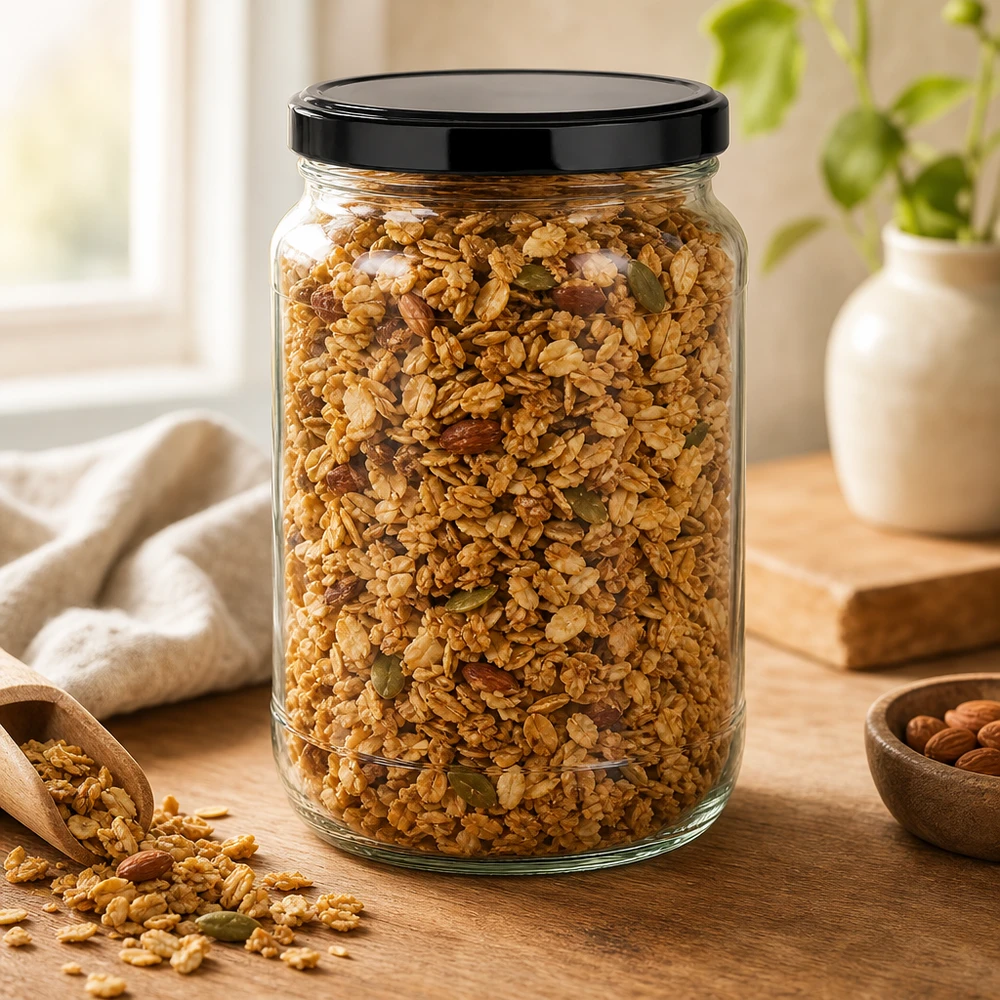Müsli Granola in 1700ml Rundglas schwarzer BasicSeal Deckel Holzschaufel Nüsse Cerealien Vorratsaufbewahrung