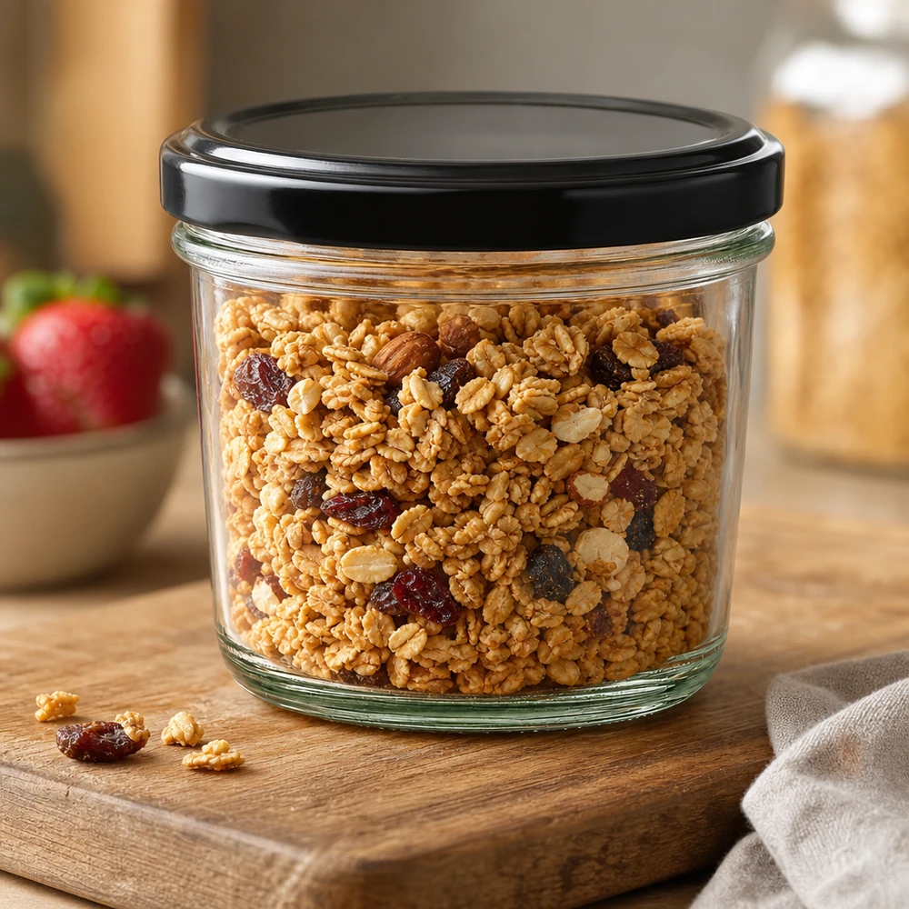 230ml tumblery s víčkem BasicSeal černé UNiTWIST. 230ml Sturzglas gefüllt mit Müsli und Trockenfrüchten zeigt vielseitige Verwendung für Lebensmittelaufbewahrung