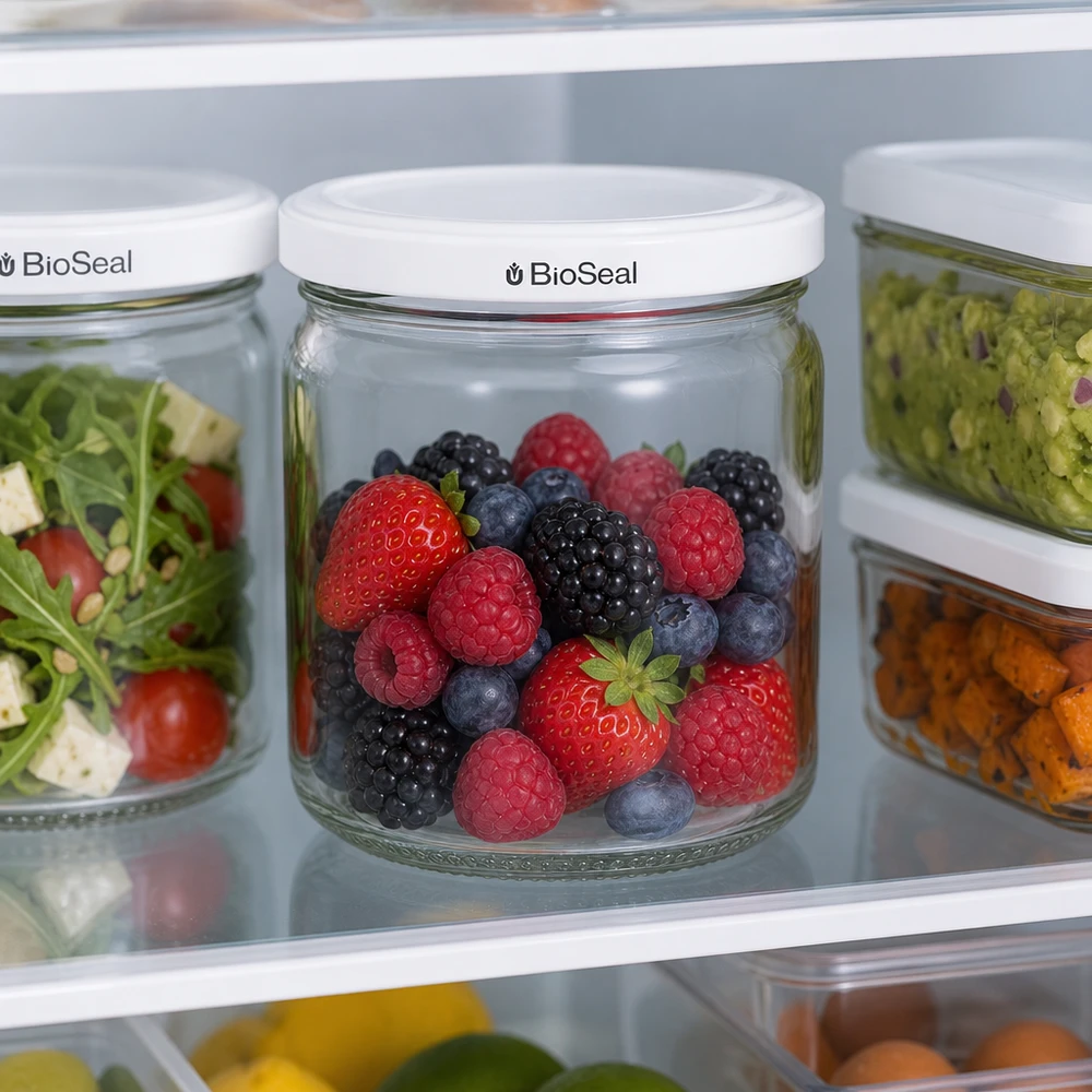 Kulatá sklenice o objemu 408 ml s bílým víčkem BioSeal UNiTWIST UNiTWIST Runda408 im Kühlschrank mit frischen Beeren gefüllt - optimale Frischhaltung von Obst mit BioSeal Deckel