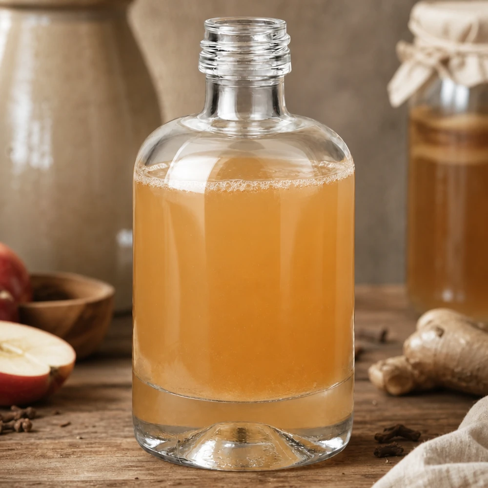40ml Glasflasche Sara mit bernsteinfarbenem Inhalt in rustikalem Ambiente mit Gewürzen und Früchten ohne Verschluss