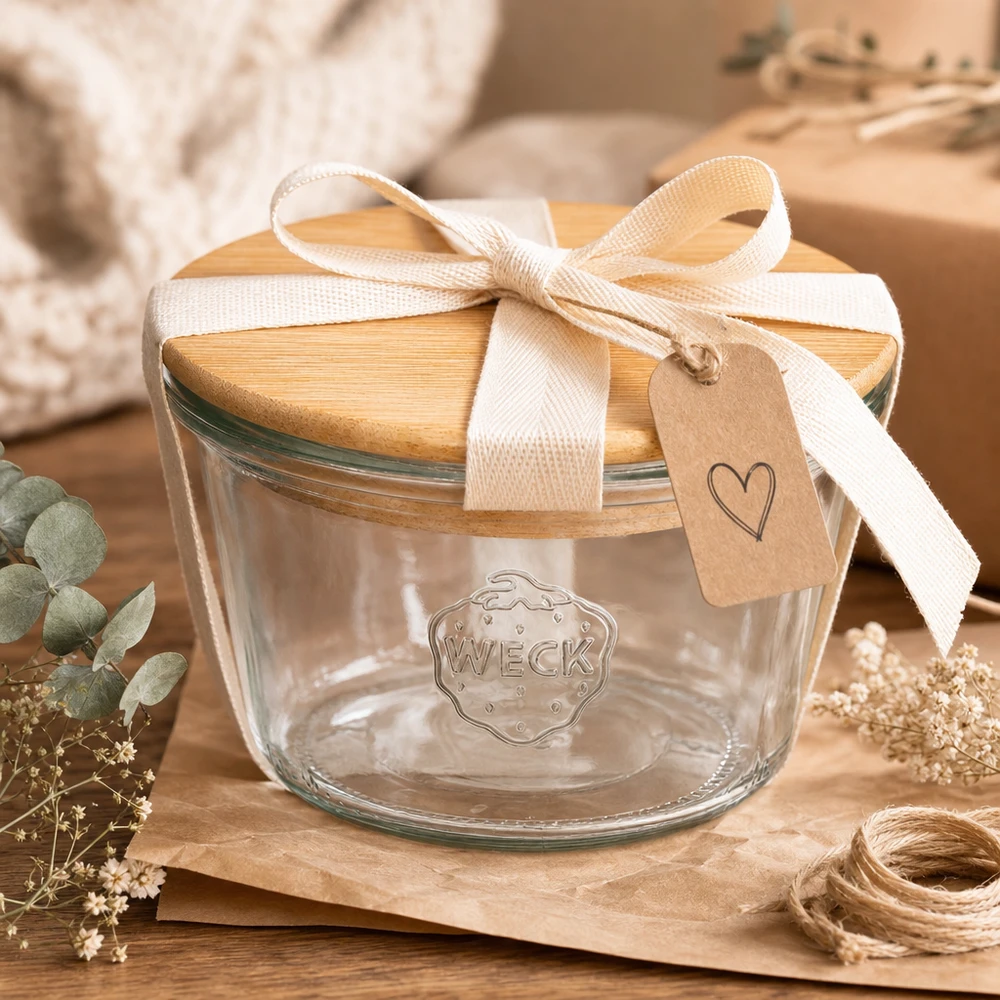 370ml tumblery WECK RR100 s dřevěným víkem buchta WECK Sturzglas RR100 mit Holzdeckel als Geschenk verpackt mit cremefarbener Schleife und Herzanhänger