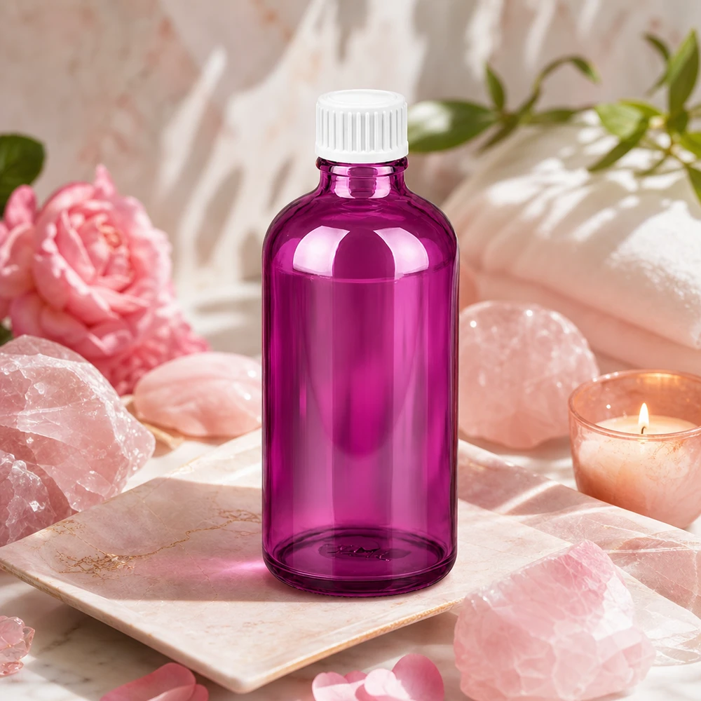 100ml (globulová) lahvička s 3mm nalévacím kroužkem bílá Standard PurpleLine. UT18/100 Dekorative violette 100ml Glasflasche mit elegantem Design für Beauty-Produkte