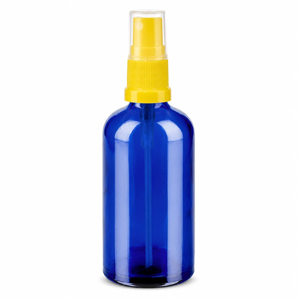 Blaue Glasflasche 100ml mit gelbem Sprühmechanismus für Reinigungsmittel