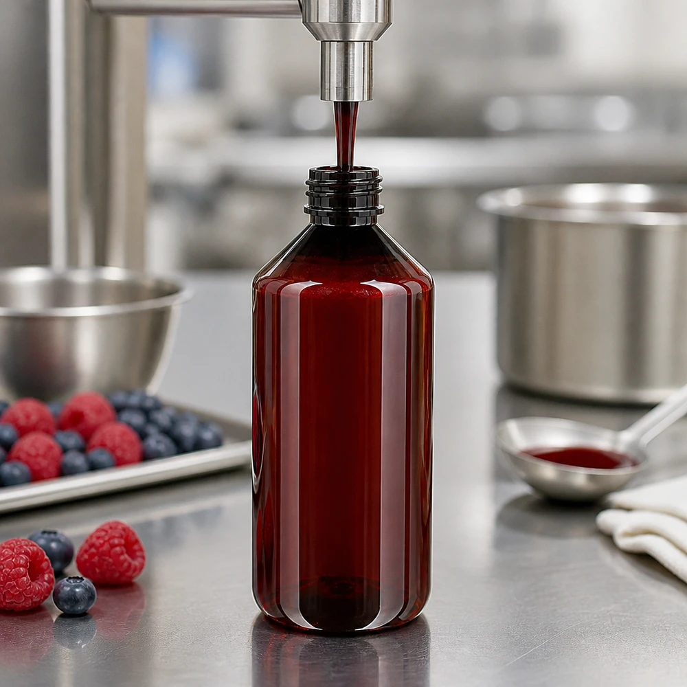PET láhev 1000ml se zeleným uzávěrem, který je odolný proti manipulaci. Hnědá PET láhev o objemu 1000 ml při plnění extraktem z červených bobulí v profesionální kuchyni