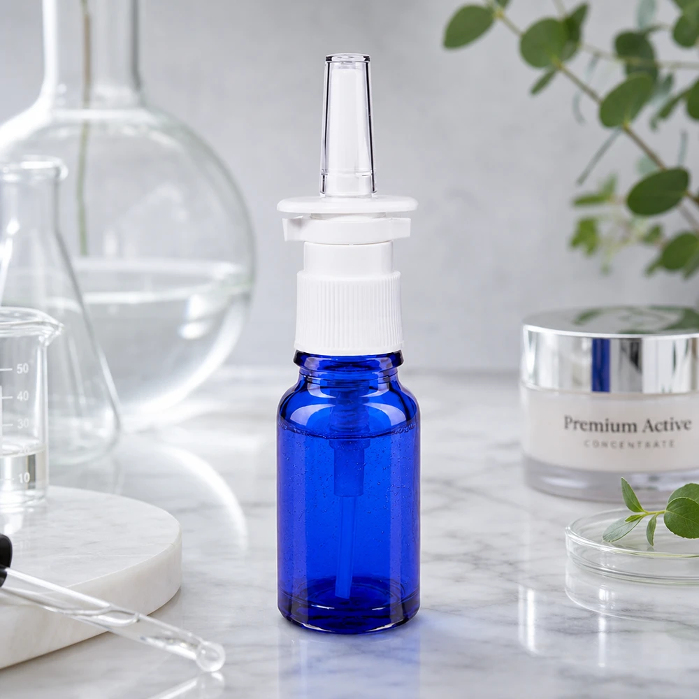 Nachfüllbare 10ml Nasensprayflasche aus UV-Schutzglas mit weißem Dosierpumpaufsatz