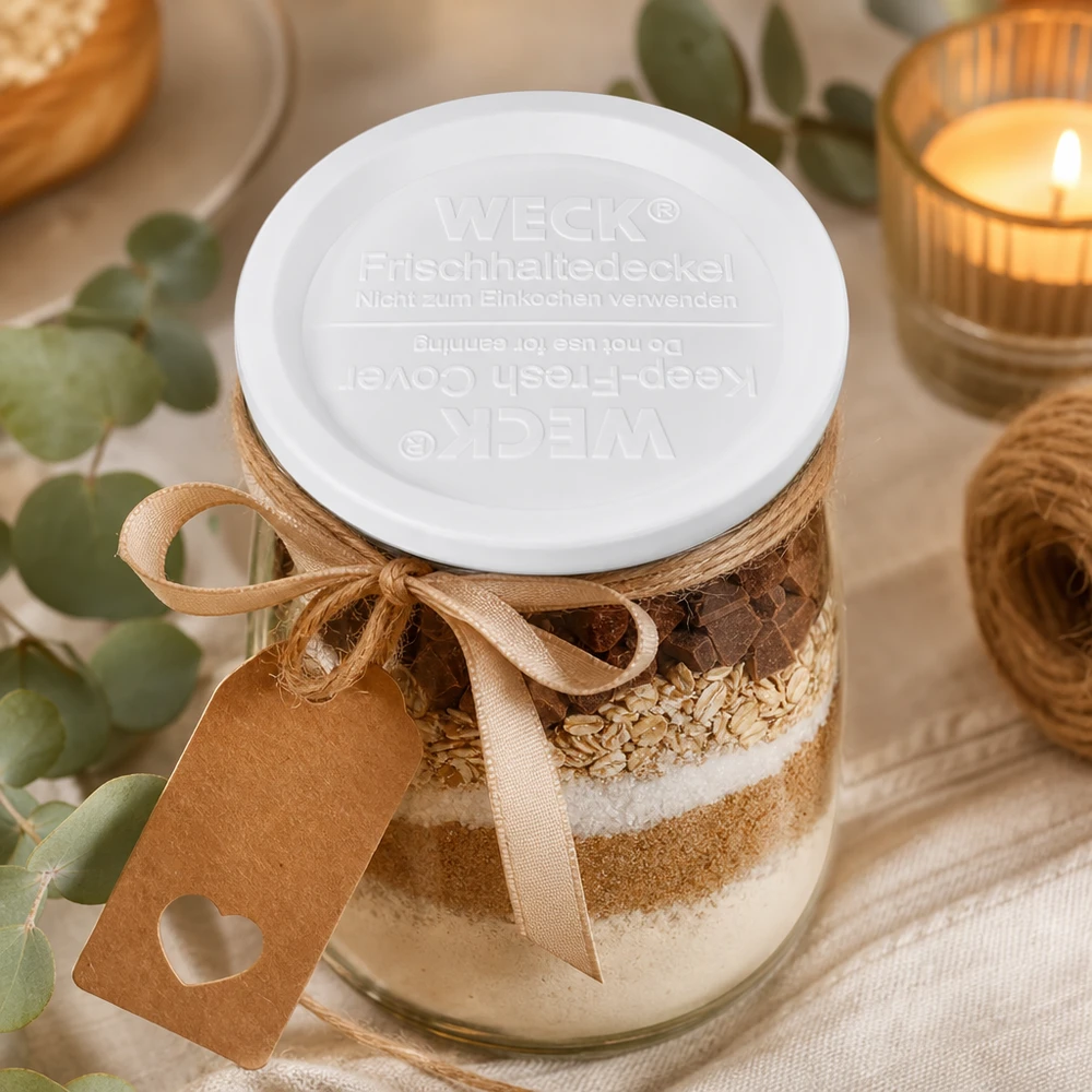 Přilnavé víko WECK RR120 WECK Frischhaltedeckel RR120 auf Backzutaten-Glas mit Schokolade Haferflocken beige Schleife Dekoration Küche