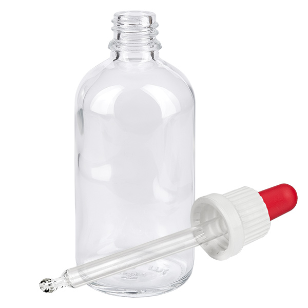 100ml Dosierflasche aus transparentem Glas mit weisser Tropfpipette und rotem Ball