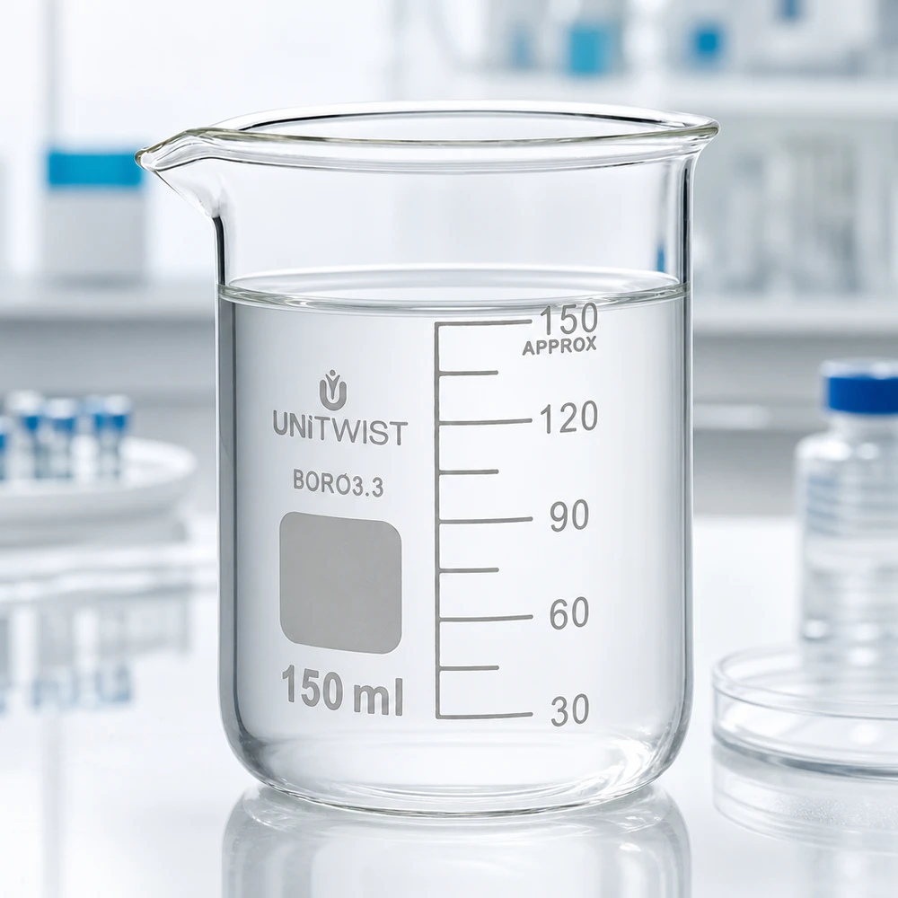 Kádinka 150ml borosilikátová, nízká forma UNiTWIST Professionelles Laborglas UNiTwist 150ml Borosilikat niedrige Form mit eingeätzter Skala