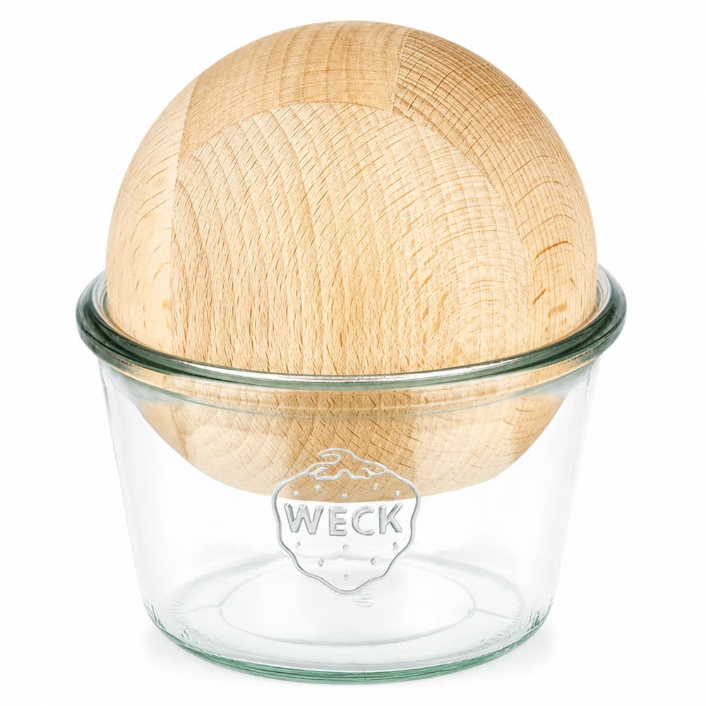 370ml tumblery WECK RR100 s dřevěnou kuličkou z bukového dřeva. WECK Sturzglas 370ml RR100 mit Bucheholzkugel Deckel transparent Glas Einmachglas