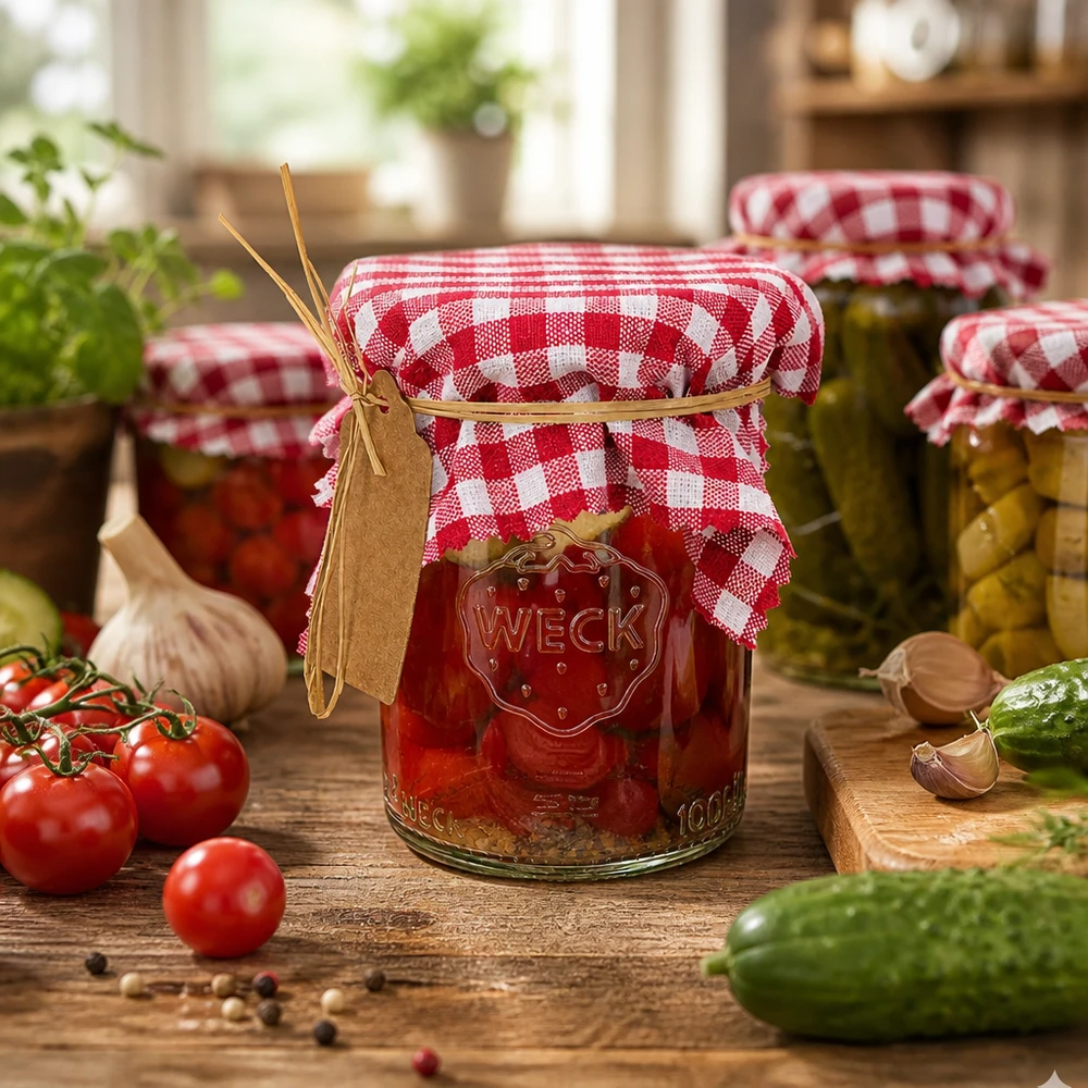 Látkový kryt na šperky bordó kostkovaný 12cm čtvercový Weckglas mit bordeaux-kariertem Schmuckdeckchen 12cm zwischen frischen Tomaten und Gurken in rustikaler Küche